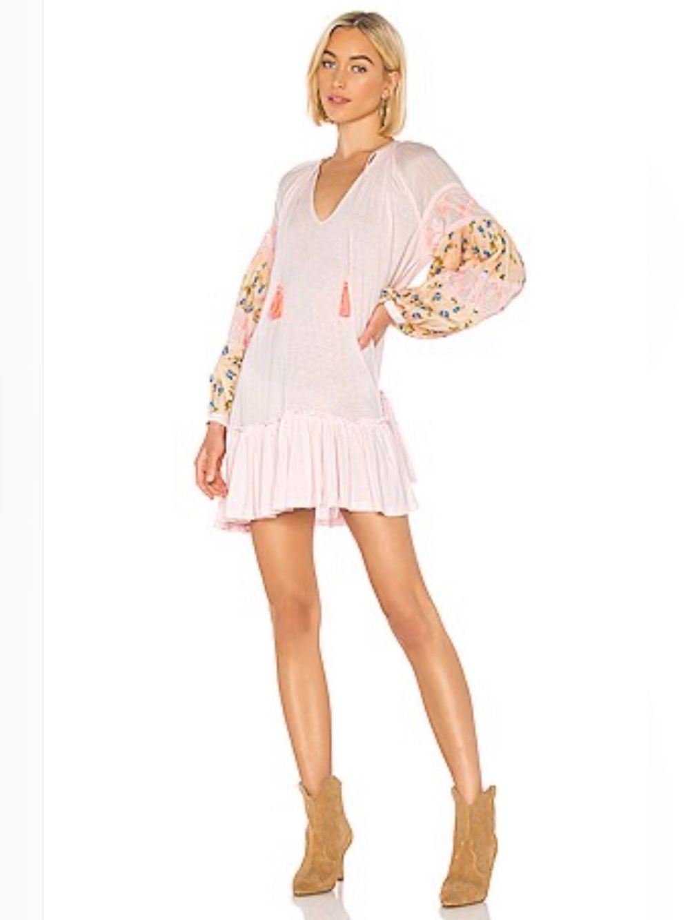 Free People Mix It Up Dress Pink Mini Dress with Floral Balloon Sleeves